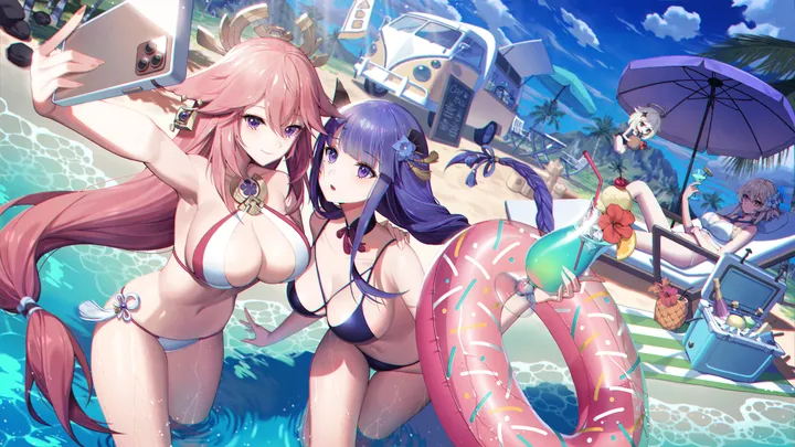 4girls,5girls,braid,side-tie_bikini_bottom,breasts,cleavage,cloud,criss-cross_halter,cooler,animal_ears,bangs,drinking_straw,sitting,multiple_girls,thighs,sky,hair_flower,hair_ornament,sidelocks,stomach,open_mouth,very_long_hair,outdoors,holding_cup,phone,holding_phone,holding,smartphone,cup,tree,palm_tree,horizontal,bikini,water,beach_umbrella,beach_chair,mole_under_eye,innertube,swimsuit,ocean,beach,wading,fox_ears,jewelry,mole,day,white_hair,white_bikini,looking_at_viewer,cellphone,standing,smile,pink_hair,string_bikini,purple_hair,purple_eyes,halterneck,navel,selfie,blue_sky,blue_bikini,wet,large_breasts,blonde_hair,long_hair,umbrella,floppy_ears,food,flower,braided_ponytail,black_bikini