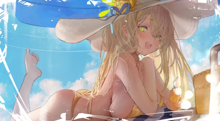 1girl,breasts,cloud,sideboob,bangs,solo,halo,sky,sun_hat,hair_over_one_eye,official_alternate_costume,ass,hat_flower,hat,open_mouth,outdoors,holding_cup,holding,swept_bangs,cup,horizontal,bikini,beach_umbrella,swimsuit,light_brown_hair,day,white_headwear,looking_at_viewer,smile,green_eyes,feet,blush,blue_sky,wet,barefoot,untied_bikini,untied,the_pose,on_stomach,lying,large_breasts,blonde_hair,long_hair,flower,yellow_bikini