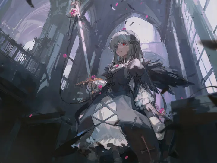 1girl,bangs,sword,solo,hairband,gothic_lolita,indoors,holding_sword,holding_weapon,holding,juliet_sleeves,horizontal,weapon,lolita_fashion,grey_hair,rose,looking_at_viewer,standing,red_eyes,feathers,wings,frills,puffy_sleeves,dress,long_hair,long_sleeves,flower,black_wings,black_dress