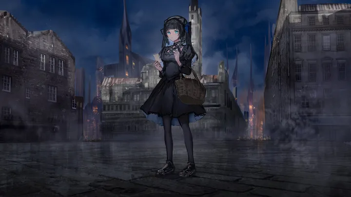 1girl,ribbon,loafers,cloud,full_body,bangs,bag,solo,closed_mouth,night,sky,hat,building,outdoors,holding,horizontal,looking_at_viewer,standing,blue_eyes,puffy_sleeves,bow,dress,pantyhose,long_hair,long_sleeves,shoes,black_hair,black_headwear,black_bow,black_dress,black_pantyhose,black_footwear