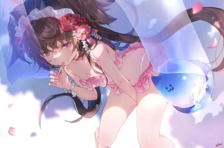 1girl,between_legs,breasts,cleavage,animal_ears,bangs,solo,twintails,sitting,thighs,hair_flower,hair_ornament,maid_headdress,stomach,very_long_hair,bracelet,holding,brown_hair,horizontal,bikini,swimsuit,beads,bead_bracelet,jewelry,looking_at_viewer,pink_bikini,pink_choker,purple_eyes,navel,frills,frilled_bikini,small_breasts,long_hair,bare_shoulders,choker,food,flower