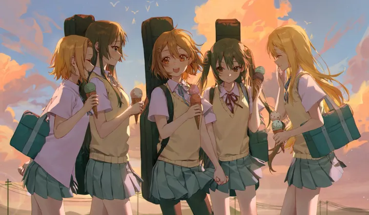 5girls,cowboy_shot,ribbon,instrument_case,school_bag,cloud,ice_cream,bangs,bag,closed_eyes,twintails,hairclip,hairband,guitar_case,closed_mouth,summer_uniform,multiple_girls,sky,hair_ornament,hair_between_eyes,open_mouth,outdoors,holding,holding_food,sunset,collared_shirt,school_uniform,brown_hair,brown_eyes,horizontal,sweater_vest,teeth,holding_hands,power_lines,white_shirt,pleated_skirt,looking_at_another,short_hair,short_sleeves,skirt,standing,smile,red_ribbon,blush,watch,blue_ribbon,blue_skirt,shirt,walking,pantyhose,blonde_hair,long_hair,neck_ribbon,food,bird,black_hair,black_pantyhose