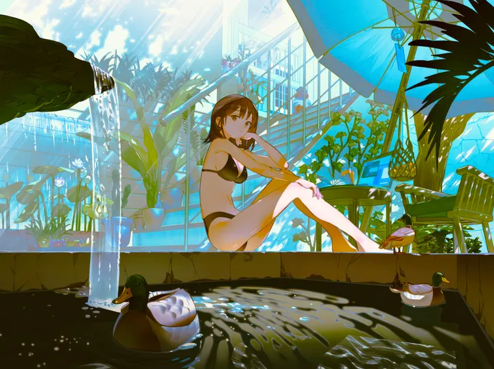 1girl,medium_breasts,breasts,light_rays,sunbeam,solo,sitting,head_rest,brown_hair,brown_eyes,plant,palm_tree,horizontal,bikini,water,swimsuit,waterfall,day,potted_plant,looking_at_viewer,short_hair,bare_legs,barefoot,sunlight,umbrella,scenery,fish,bird,black_bikini