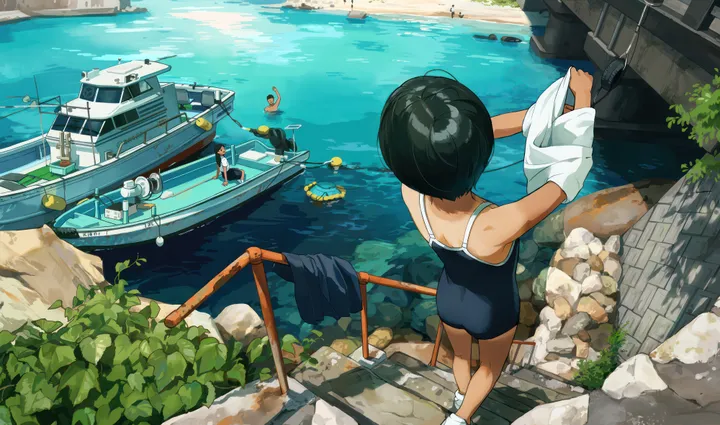 2girls,one-piece_swimsuit,from_above,multiple_girls,tan,ass,rock,outdoors,horizontal,school_swimsuit,water,river,swimsuit,ocean,ship,day,white_shirt,short_hair,standing,from_behind,undressing,boat,watercraft,blue_one-piece_swimsuit,shirt,socks,shirt_removed,competition_school_swimsuit,swimsuit_under_clothes,scenery,black_hair