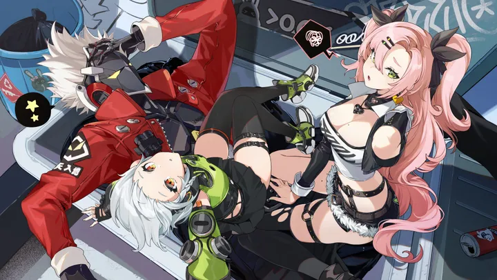 1boy,2girls,ribbon,breasts,mole_on_breast,cleavage,on_back,bangs,hairclip,sitting,multiple_girls,thighs,thigh_strap,hair_ribbon,hair_ornament,jacket,two_side_up,open_mouth,very_long_hair,heart,heart_earrings,gloves,strapless,can,horizontal,orange_eyes,mole_under_eye,cutoffs,jewelry,mole,white_hair,looking_at_viewer,short_hair,cropped_jacket,shorts,torn_clothes,pink_hair,short_shorts,red_jacket,green_eyes,earrings,navel,clothing_cutout,pants,tube_top,open_jacket,open_clothes,lying,large_breasts,thighhighs,long_hair,long_sleeves,midriff,bare_shoulders,shoulder_cutout,crop_top,mask,yellow_eyes,black_ribbon,black_gloves,black_shorts,black_thighhighs