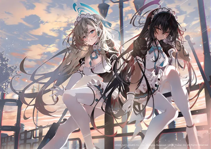 2girls,ribbon,breasts,mole_on_breast,cleavage,cloud,bangs,garter_straps,apron,sitting,multiple_girls,cloudy_sky,halo,sky,maid,maid_apron,maid_headdress,hair_between_eyes,very_long_hair,parted_lips,outdoors,gloves,sunset,railing,horizontal,dark_skin,mole,white_apron,white_gloves,white_thighhighs,looking_at_viewer,short_sleeves,smile,blush,frills,blue_ribbon,blue_eyes,blue_bow,blue_bowtie,bow,lamppost,large_breasts,thighhighs,dress,pantyhose,long_hair,elbow_gloves,bowtie,yellow_eyes,dark-skinned_female,black_hair,black_dress