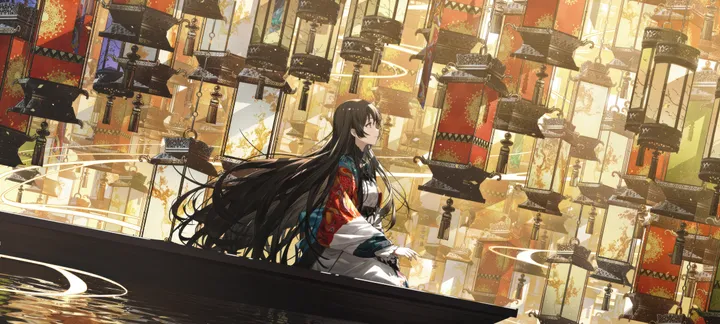 1girl,chinese_clothes,from_side,profile,bangs,solo,kimono,closed_mouth,sitting,wide_sleeves,architecture,very_long_hair,paper_lantern,japanese_clothes,sash,brown_hair,horizontal,lantern,looking_away,long_hair,long_sleeves,scenery,black_hair