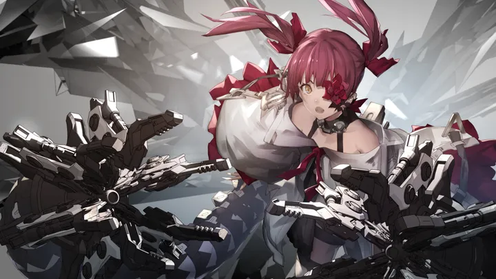 1girl,virtual_youtuber,one_eye_covered,ribbon,bangs,solo,twintails,hair_ribbon,wide_sleeves,open_mouth,mechanical_arms,horizontal,weapon,looking_at_viewer,eyepatch,red_hair,dress,long_hair,bare_shoulders,off_shoulder,flower,yellow_eyes