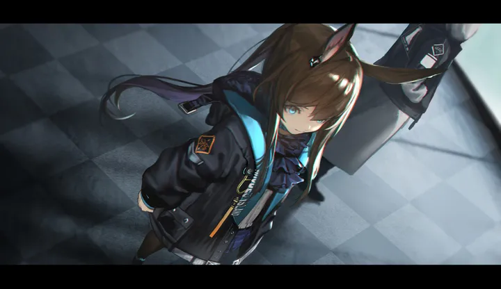 1girl,1other,from_above,rabbit_ears,hood,animal_ears,bangs,solo,solo_focus,closed_mouth,hair_over_one_eye,sidelocks,jacket,checkered_floor,brown_hair,horizontal,jewelry,letterboxed,white_shirt,pleated_skirt,skirt,standing,blue_eyes,blue_skirt,blue_ascot,shirt,open_jacket,open_clothes,hooded_jacket,pantyhose,long_hair,long_sleeves,ascot,ponytail,black_jacket