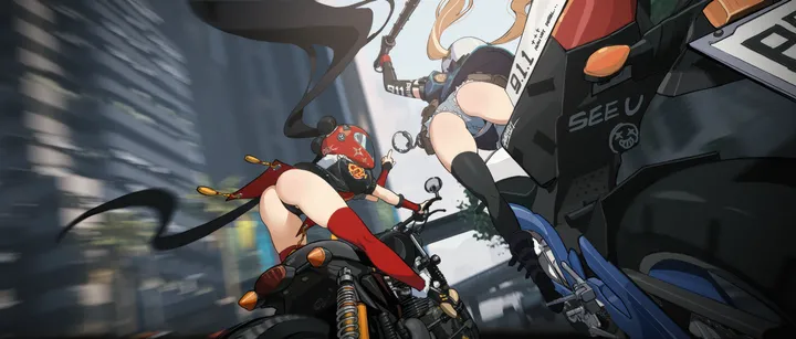 2girls,thong,breasts,underwear,panties,twintails,ground_vehicle,city,multiple_girls,thighs,jacket,micro_shorts,ass,building,very_long_hair,outdoors,gloves,handcuffs,holding,motorcycle_helmet,motorcycle,fingerless_gloves,motor_vehicle,blurry,horizontal,weapon,fur_trim,denim,denim_shorts,belt,shorts,short_shorts,from_behind,blue_shorts,police,road,large_breasts,thighhighs,motion_blur,blonde_hair,cuffs,long_hair,boots,floating_hair,on_motorcycle,riding,high_heels,black_panties,black_hair,black_jacket,black_gloves,black_footwear