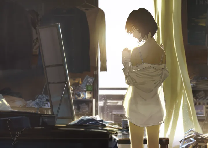 1girl,underwear,panties,messy_room,see-through,solo,closed_eyes,indoors,morning,horizontal,white_bra,white_shirt,short_hair,window,curtains,standing,signature,from_behind,bra,clothes_hanger,shirt,backlighting,long_sleeves,sunlight,see-through_silhouette,off_shoulder,black_hair