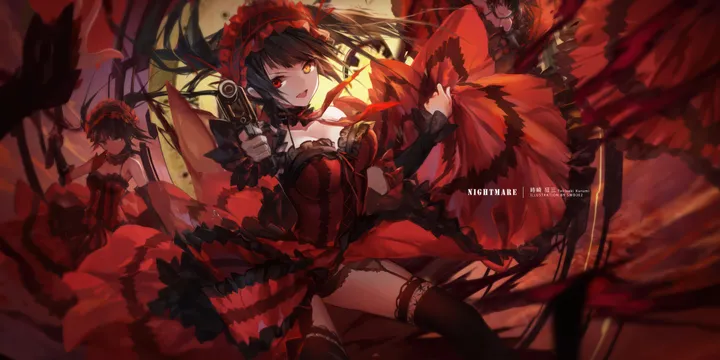 2girls,3girls,detached_sleeves,medium_breasts,breasts,cleavage,twintails,hairband,garter_straps,gothic_lolita,multiple_girls,heterochromia,open_mouth,holding_weapon,handgun,holding_gun,holding,clock_eyes,gun,horizontal,weapon,lolita_hairband,lolita_fashion,looking_at_viewer,smile,symbol-shaped_pupils,red_eyes,red_dress,thighhighs,dress,long_hair,bare_shoulders,yellow_eyes,black_hair