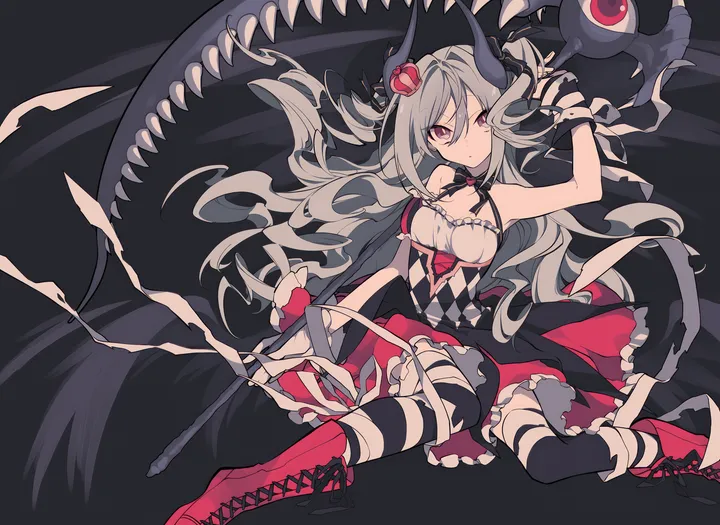 1girl,solo,scythe,hair_between_eyes,gloves,holding,sleeveless,horizontal,grey_hair,crown,looking_at_viewer,lace-up_boots,red_eyes,red_footwear,bandages,frills,horns,thighhighs,dress,mini_crown,drill_hair,long_hair,boots,bare_shoulders,cross-laced_footwear,black_background,black_thighhighs