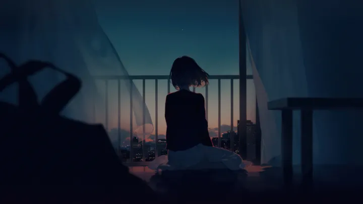 1girl,solo,sitting,city_lights,cityscape,night,night_sky,sky,jacket,indoors,star_sky,railing,blurry,horizontal,dark,short_hair,skirt,window,curtains,from_behind,long_sleeves,balcony,facing_away,wind,scenery,black_hair