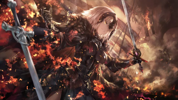 1girl,breasts,bangs,sword,solo,headpiece,parted_lips,armored_dress,holding_sword,holding_weapon,gauntlets,cape,holding,horizontal,weapon,fur_trim,fur-trimmed_cape,fire,white_hair,armor,looking_at_viewer,short_hair,smile,large_breasts,dress,blonde_hair,chain,grin,yellow_eyes,black_cape,black_dress