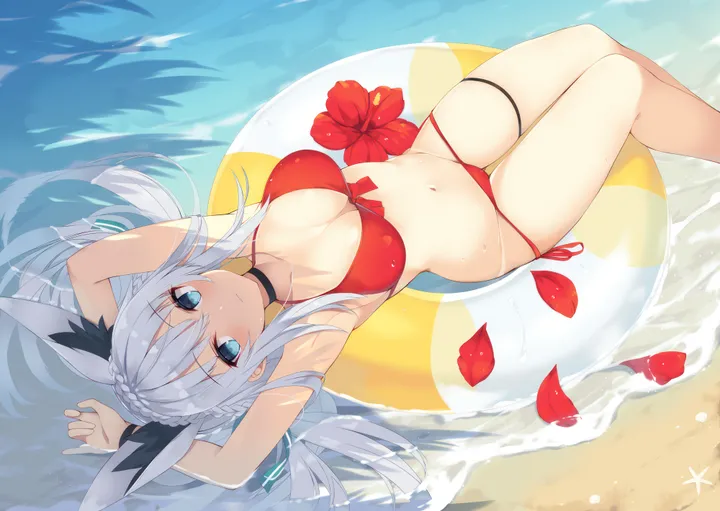 1girl,braid,side-tie_bikini_bottom,ribbon,arms_up,breasts,cleavage,front-tie_top,on_back,animal_ears,bangs,solo,closed_mouth,thighs,thigh_strap,thigh_gap,sidelocks,stomach,hair_between_eyes,outdoors,horizontal,bikini,water,innertube,swimsuit,beach,fox_ears,day,white_hair,looking_at_viewer,smile,string_bikini,red_bikini,halterneck,front-tie_bikini_top,groin,navel,blush,armpits,wristband,petals,blue_eyes,wet,bare_arms,lying,large_breasts,collarbone,long_hair,bare_shoulders,choker,flower,black_choker