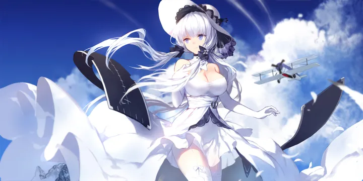 1girl,ribbon,breasts,cleavage,cloud,bangs,solo,tress_ribbon,garter_straps,sky,sun_hat,hair_ribbon,hair_ornament,hat,gloves,strapless,strapless_dress,tri_tails,horizontal,mole_under_eye,mole,day,white_hair,white_headwear,white_gloves,white_thighhighs,white_dress,looking_at_viewer,smile,blue_sky,blue_eyes,lace_trim,large_breasts,thighhighs,dress,long_hair,elbow_gloves,bare_shoulders,wind,airplane,aircraft,flight_deck