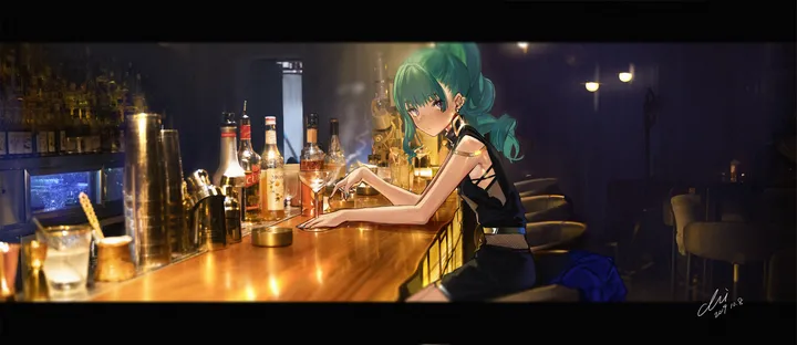 1girl,virtual_youtuber,from_side,stool,bangs,solo,sitting,indoors,holding,sleeveless,cup,horizontal,jewelry,bottle,letterboxed,belt,looking_at_viewer,shorts,signature,purple_eyes,green_hair,earrings,dress,alcohol,bar_place,drinking_glass,long_hair,ponytail