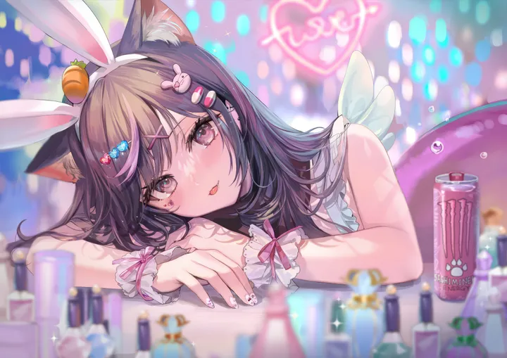 1girl,virtual_youtuber,rabbit_ears,animal_ears,bangs,fake_animal_ears,solo,hairclip,hairband,tongue_out,multicolored_hair,hair_ornament,heart,nail_polish,streaked_hair,swept_bangs,sleeveless,can,depth_of_field,brown_hair,blurry,blurry_background,horizontal,cat_ears,bottle,white_hairband,looking_at_viewer,pink_eyes,wrist_cuffs,purple_hair,wings,animal_ear_fluff,carrot_hair_ornament,blush,facial_mark,tongue,frills,long_hair,food-themed_hair_ornament,black_hair