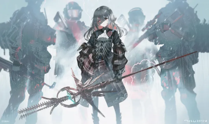 1girl,bangs,solo,glowing,closed_mouth,multicolored_hair,gloves,holding_weapon,holding_staff,holding_gun,holding,robot,gun,staff,horizontal,rifle,weapon,grey_hair,looking_at_viewer,assault_rifle,standing,red_eyes,long_hair,long_sleeves,rain