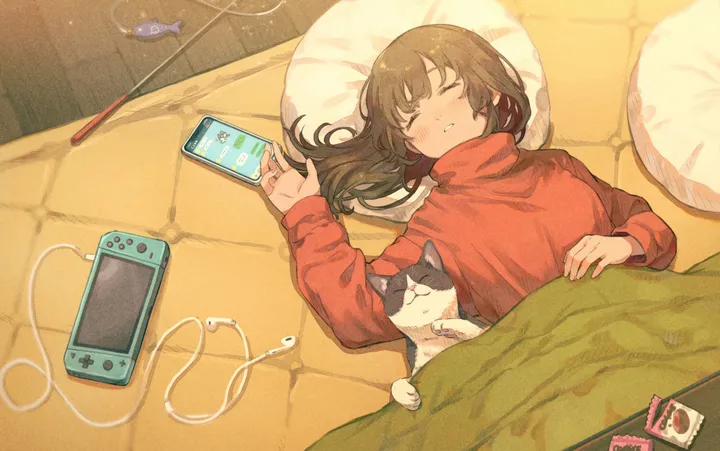 1girl,on_back,nintendo_switch,from_above,earbuds,bangs,animal,solo,closed_eyes,indoors,parted_lips,phone,handheld_game_console,smartphone,earphones,pillow,brown_hair,horizontal,sweater,blanket,cat,sleeping,cellphone,red_sweater,blush,lying,cat_teaser,long_hair,long_sleeves,digital_media_player,turtleneck,turtleneck_sweater