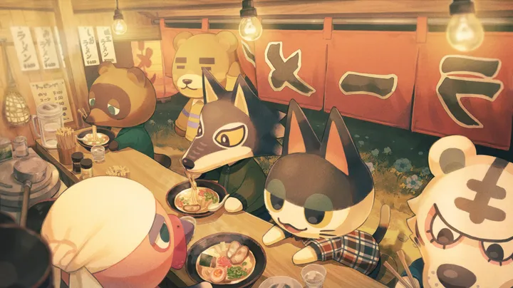 animal_ears,half-closed_eyes,closed_eyes,eating,sitting,multiple_boys,bandana,tail,open_mouth,colored_sclera,holding,paper_lantern,striped_shirt,cup,plaid,plaid_shirt,table,horizontal,furry,light_bulb,lantern,bear,tanuki,cat_tail,cat_ears,male_focus,furry_male,looking_at_another,bowl,smile,chopsticks,steam,shirt,long_sleeves,noodles,food_stand,food,yellow_sclera,black_eyes