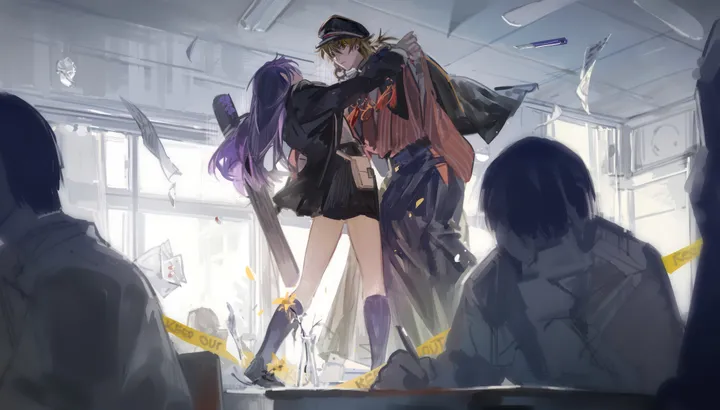 multiple_girls,multiple_others,multiple_boys,jacket,indoors,hat,school_uniform,horizontal,looking_at_another,short_hair,skirt,purple_hair,paper,shirt,socks,blonde_hair,long_hair,long_sleeves,ceiling_light,black_jacket,black_skirt,black_footwear