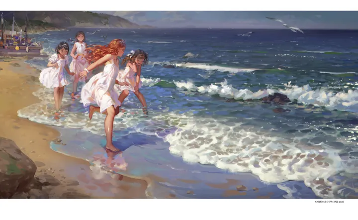 4girls,cloud,artist_name,closed_eyes,twintails,multiple_girls,sky,sundress,running,shore,open_mouth,outdoors,sleeveless,sleeveless_dress,brown_hair,horizontal,water,sand,waves,ocean,beach,seagull,wading,lighthouse,day,white_dress,short_hair,standing,smile,footprints,barefoot,walking,dress,long_hair,bare_shoulders,scenery,bird,black_hair