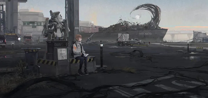 1girl,bangs,solo,ground_vehicle,sitting,sky,jacket,wide_shot,building,outdoors,motor_vehicle,robot,mecha,brown_hair,horizontal,car,white_shirt,short_hair,science_fiction,shirt,pants,long_sleeves,shoes,necktie,scenery