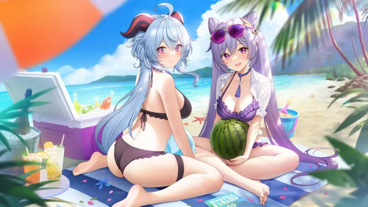 2girls,double_bun,braid,medium_breasts,breasts,cleavage,cloud,sideboob,bangs,twintails,drinking_straw,ahoge,looking_back,hair_bun,sitting,sunglasses,multiple_girls,thighs,thigh_strap,sky,hair_ornament,sidelocks,ass,goat_horns,open_mouth,very_long_hair,outdoors,holding,nail_polish,cup,tree,coconut,palm_tree,horizontal,bikini,water,fruit,beachball,swimsuit,ocean,beach,cone_hair_bun,day,white_shirt,looking_at_viewer,eyewear_on_head,alternate_costume,smile,purple_hair,purple_nails,purple_bikini,purple_eyes,purple_choker,halterneck,feet,soles,toes,blush,frills,frilled_bikini,blue_sky,blue_hair,shirt,bare_legs,bare_arms,barefoot,watermelon,horns,open_clothes,open_shirt,large_breasts,long_hair,umbrella,bare_shoulders,choker,food,drink,wariza,black_bikini,black_choker