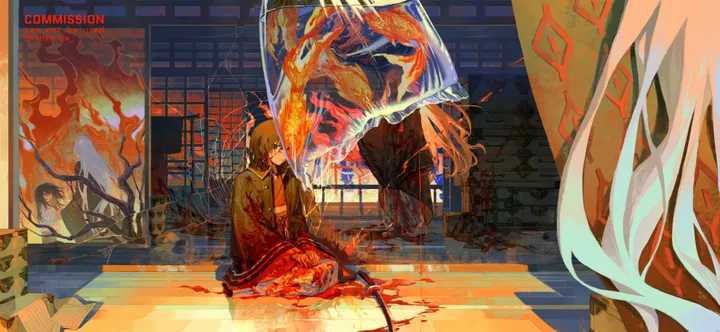 1girl,bangs,sword,kimono,sitting,multiple_boys,indoors,wide_sleeves,very_long_hair,holding_sword,holding_weapon,holding,japanese_clothes,katana,horizontal,seiza,weapon,blood_on_weapon,sliding_doors,fire,white_hair,short_hair,blood,blood_splatter,blood_on_clothes,long_hair,long_sleeves,dragon