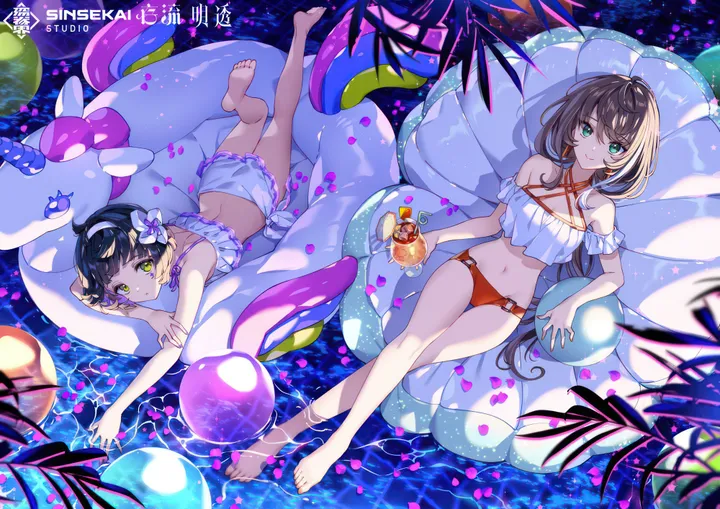 2girls,breasts,cleavage,criss-cross_halter,bangs,hairband,drinking_straw,closed_mouth,sitting,multiple_girls,hair_flower,hair_ornament,stomach,very_long_hair,holding_cup,holding,cup,brown_hair,horizontal,bikini,water,swimsuit,white_bikini,looking_at_viewer,short_hair,smile,red_bikini,halterneck,green_eyes,navel,feet,petals,frills,frilled_bikini,bare_legs,barefoot,on_stomach,lying,large_breasts,drinking_glass,collarbone,long_hair,bare_shoulders,off-shoulder_bikini,drink,flower,black_hair