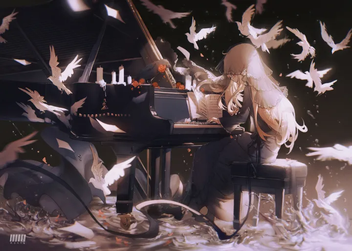 1girl,grand_piano,instrument,artist_name,solo,closed_eyes,sitting,very_long_hair,horizontal,playing_instrument,rose,dove,red_flower,dress,blonde_hair,piano,long_hair,long_sleeves,veil,music,flower,bird,black_dress