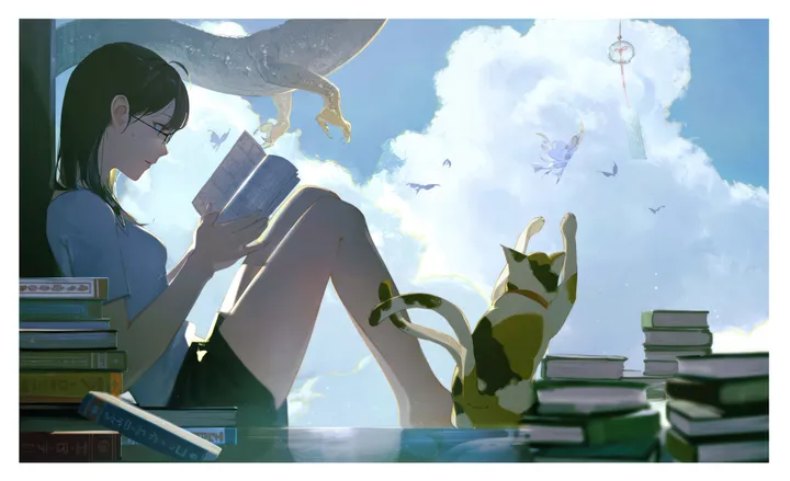 1girl,2girls,book,book_stack,cloud,artist_name,from_side,profile,bangs,animal,sitting,multiple_girls,cloudy_sky,sky,holding,holding_book,horizontal,mole_under_eye,cat,mole,day,white_shirt,glasses,short_sleeves,shorts,cumulonimbus_cloud,open_book,blue_sky,shirt,barefoot,long_hair,reading,wind_chime,bird,black_hair,black_shorts