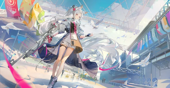 1girl,cloud,full_body,animal_ears,solo,solo_focus,coat,thigh_strap,sky,hair_ornament,very_long_hair,outdoors,gloves,holding_weapon,holding_gun,holding,fingerless_gloves,gun,horizontal,rifle,weapon,day,white_hair,looking_at_viewer,shorts,standing,red_eyes,animal_ear_fluff,blue_sky,long_hair,shoes,ponytail,bird,black_gloves