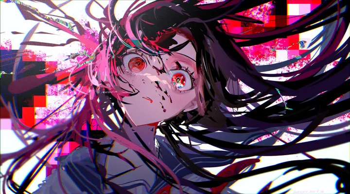 1girl,bangs,solo,portrait,parted_lips,glitch,school_uniform,horizontal,serafuku,sailor_collar,white_shirt,looking_at_viewer,red_neckerchief,red_eyes,blood_on_face,blue_sailor_collar,blood,shirt,long_hair,floating_hair,black_hair