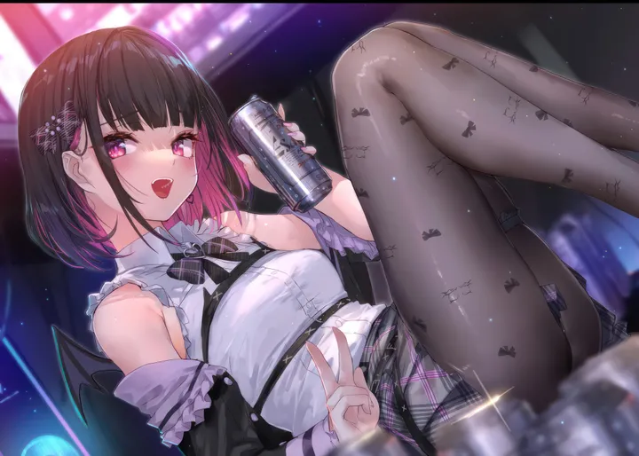 1girl,virtual_youtuber,medium_breasts,breasts,upper_teeth_only,shiny,colored_inner_hair,bangs,solo,feet_out_of_frame,two-tone_hair,beer_can,sitting,multicolored_hair,jacket,indoors,open_mouth,demon_wings,knees_up,holding_can,holding,nail_polish,streaked_hair,sleeveless,sleeveless_shirt,can,depth_of_field,collared_shirt,plaid,plaid_skirt,brown_pantyhose,blurry,blurry_background,horizontal,v,teeth,white_shirt,pleated_skirt,blunt_bangs,looking_at_viewer,short_hair,skirt,smile,pink_hair,pink_eyes,wings,blush,frills,bat_wings,bow,hair_bow,shirt,open_jacket,open_clothes,small_breasts,pantyhose,mini_wings,long_sleeves,bare_shoulders,off_shoulder,bowtie,black_hair,black_jacket,black_skirt,black_bow,black_pantyhose,black_bowtie