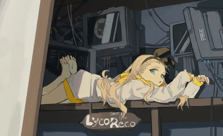 1girl,ribbon,hood,solo,hairband,hair_ribbon,indoors,open_mouth,table,horizontal,hood_down,television,white_hoodie,looking_at_viewer,cable,feet_up,feet,soles,toes,blue_eyes,barefoot,computer,the_pose,on_stomach,lying,hoodie,blonde_hair,long_hair,long_sleeves,black_ribbon