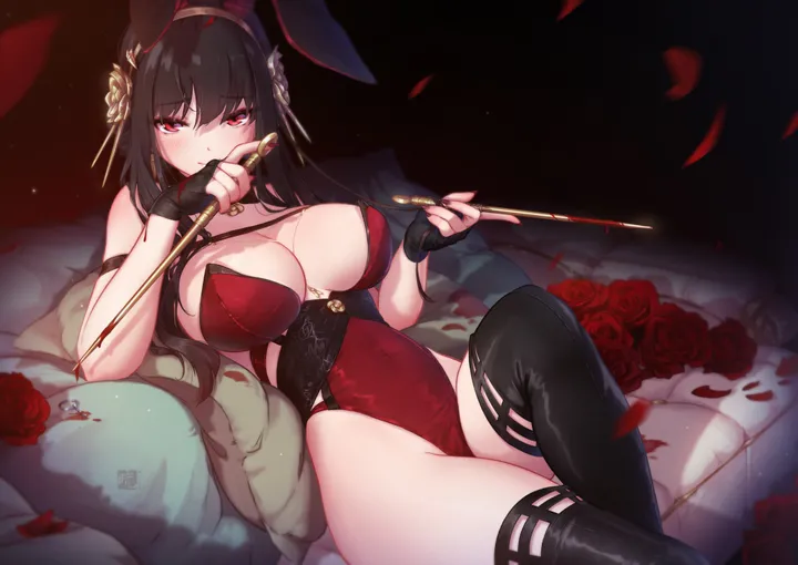 1girl,breasts,cleavage,on_back,playboy_bunny,rabbit_ears,animal_ears,bangs,fake_animal_ears,dagger,solo,hairband,closed_mouth,thighs,hair_flower,hair_ornament,sidelocks,knife,gloves,holding_dagger,holding_weapon,holding_knife,holding,fingerless_gloves,strapless,strapless_leotard,pillow,horizontal,weapon,rose,rose_petals,looking_at_viewer,leotard,red_rose,red_eyes,red_flower,red_leotard,blush,petals,blood,lying,large_breasts,thighhighs,gold_hairband,long_hair,covered_navel,bare_shoulders,highleg,highleg_leotard,flower,black_hair,black_gloves,black_thighhighs