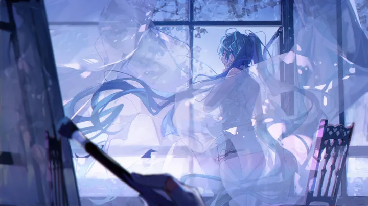 1girl,underwear,panties,bangs,blurry_foreground,see-through,solo,solo_focus,twintails,indoors,ass,very_long_hair,holding,holding_paintbrush,holding_brush,chair,horizontal,painting_action,canvas_object,easel,white_dress,window,curtains,standing,paintbrush,from_behind,blue_theme,blue_hair,palette_object,dress,long_hair,bare_shoulders,floating_hair