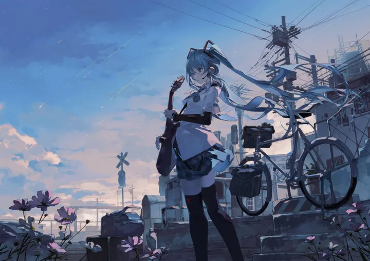 1girl,instrument,cloud,layered_sleeves,bangs,bag,solo,feet_out_of_frame,twintails,stairs,guitar,ground_vehicle,sky,hair_ornament,headphones,very_long_hair,outdoors,gloves,holding,fingerless_gloves,star_sky,horizontal,utility_pole,power_lines,white_shirt,pleated_skirt,looking_at_viewer,short_sleeves,skirt,standing,pink_flower,zettai_ryouiki,bicycle,blue_sky,blue_hair,blue_eyes,shirt,road_sign,thighhighs,long_hair,necktie,wind,scenery,floating_hair,flower,black_gloves,black_skirt,black_thighhighs