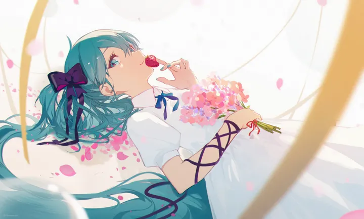 1girl,ribbon,on_back,from_side,bangs,blurry_foreground,solo,twintails,closed_mouth,hair_between_eyes,very_long_hair,holding,holding_flower,nail_polish,depth_of_field,simple_background,blurry,horizontal,fruit,aqua_hair,aqua_nails,aqua_eyes,white_background,white_dress,looking_at_viewer,short_sleeves,smile,pink_flower,petals,blue_ribbon,blue_hair,blue_eyes,puffy_short_sleeves,puffy_sleeves,bow,hair_bow,lying,dress,long_hair,neck_ribbon,food,flower,black_ribbon