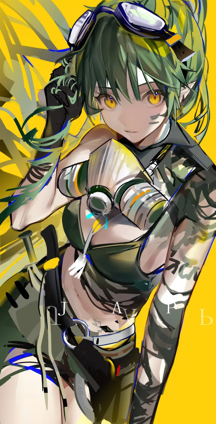 1girl,cowboy_shot,medium_breasts,breasts,cleavage,bangs,solo,goggles_on_head,pointy_ears,gloves,arm_tattoo,goggles,hand_up,simple_background,looking_at_viewer,shorts,vertical,tattoo,green_hair,navel,long_hair,midriff,bare_shoulders,crop_top,mask,mask_around_neck,ponytail,yellow_eyes,yellow_background,black_gloves