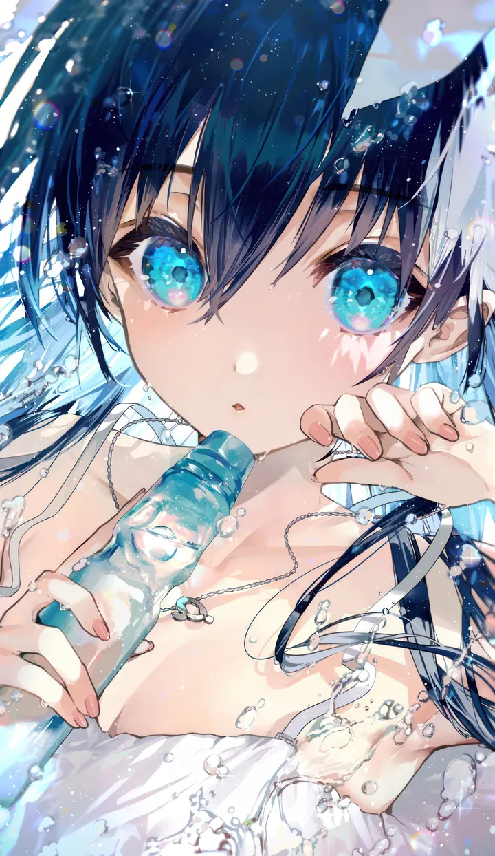 1girl,breasts,cleavage,upper_body,bangs,solo,hair_between_eyes,parted_lips,hand_up,holding,holding_bottle,water,water_drop,bubble,ramune,jewelry,bottle,white_dress,looking_at_viewer,vertical,blush,blue_hair,blue_eyes,dress,collarbone,long_hair,bare_shoulders,necklace,black_hair