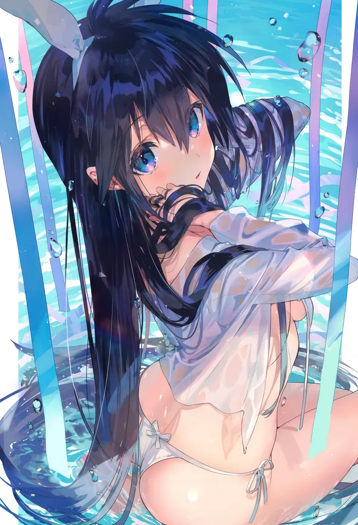 1girl,side-tie_bikini_bottom,ribbon,medium_breasts,breasts,rabbit_ears,animal_ears,panties,bangs,see-through,solo,hairband,sitting,thighs,ass,hair_between_eyes,very_long_hair,parted_lips,bikini,water,swimsuit,white_bikini,white_shirt,looking_at_viewer,vertical,blush,blue_eyes,bow,shirt,wet_clothes,wet_shirt,wet,open_clothes,open_shirt,long_hair,long_sleeves,off_shoulder,black_hair