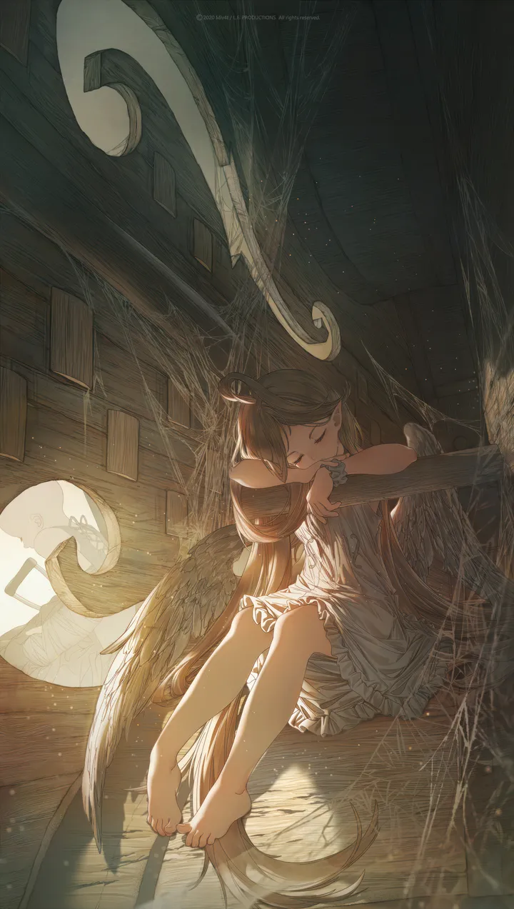 1girl,full_body,bangs,solo,closed_eyes,closed_mouth,sitting,angel_wings,pointy_ears,indoors,very_long_hair,sleeveless,sleeveless_dress,wooden_floor,brown_hair,white_wings,white_dress,vertical,feathered_wings,wings,silk,spider_web,bare_legs,barefoot,absurdly_long_hair,dress,long_hair,bare_shoulders