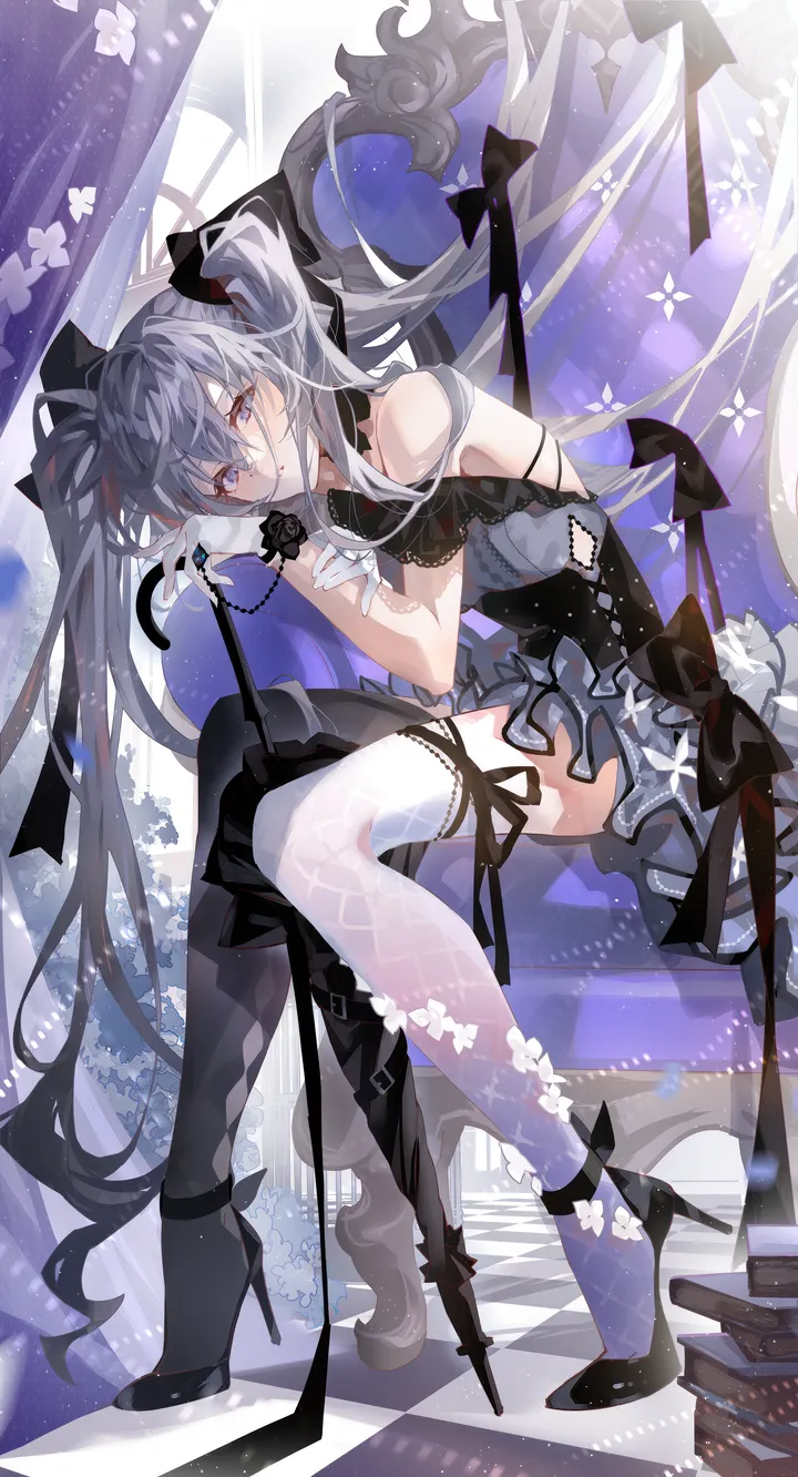 1girl,mismatched_legwear,asymmetrical_legwear,ribbon,book,full_body,bangs,solo,twintails,sitting,very_long_hair,gloves,checkered_floor,chair,grey_hair,grey_eyes,white_gloves,looking_at_viewer,vertical,thighhighs,dress,long_hair,umbrella,bare_shoulders,high_heels,black_dress,black_footwear