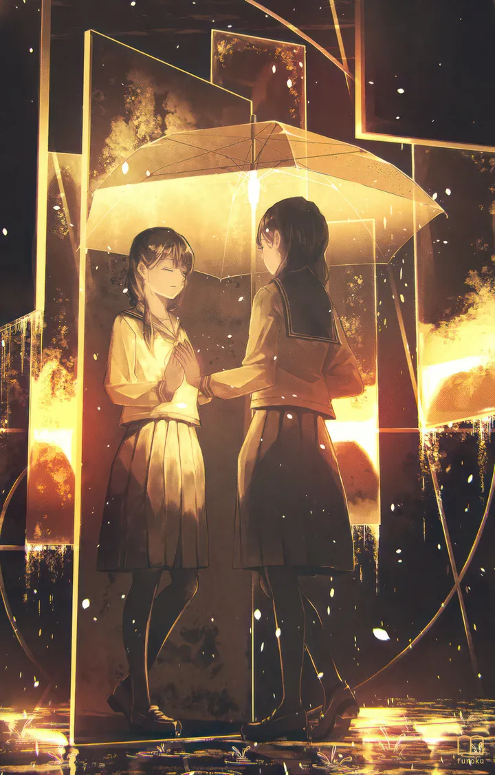 2girls,loafers,closed_eyes,reflection,hairclip,multiple_girls,hair_ornament,holding,holding_umbrella,school_uniform,serafuku,sailor_collar,pleated_skirt,looking_at_another,short_hair,skirt,vertical,standing,shirt,pantyhose,transparent,transparent_umbrella,long_sleeves,rain,umbrella,shoes,black_hair