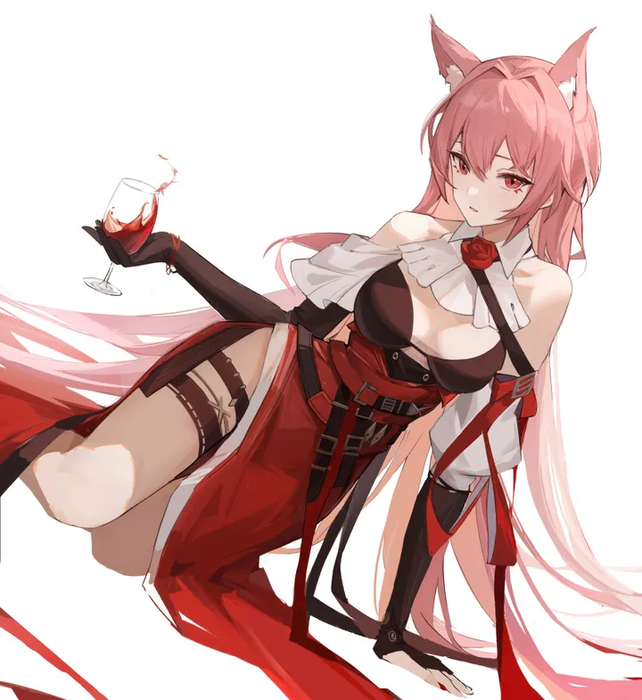 1girl,medium_breasts,breasts,animal_ears,underwear,solo,sitting,thigh_strap,hair_between_eyes,very_long_hair,gloves,holding_cup,arm_support,holding,pelvic_curtain,simple_background,cup,wolf_girl,wolf_ears,white_background,looking_at_viewer,skirt,vertical,pink_hair,red_rose,red_eyes,red_skirt,red_flower,wine_glass,animal_ear_fluff,bra,wine,extra_ears,hair_intakes,alcohol,drinking_glass,long_hair,elbow_gloves,bare_shoulders,high-waist_skirt,black_gloves,black_bra