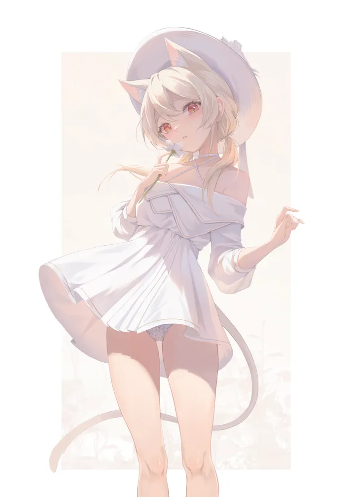 1girl,breasts,criss-cross_halter,low_twintails,animal_ears,underwear,panties,pantyshot,bangs,solo,feet_out_of_frame,twintails,thighs,sun_hat,tail,hat,parted_lips,holding,holding_flower,cat_girl,cat_tail,cat_ears,white_panties,white_headwear,white_flower,white_dress,white_choker,looking_at_viewer,vertical,standing,red_eyes,halterneck,animal_ear_fluff,blush,dress,blonde_hair,collarbone,long_hair,bare_shoulders,off_shoulder,off-shoulder_dress,choker,flower